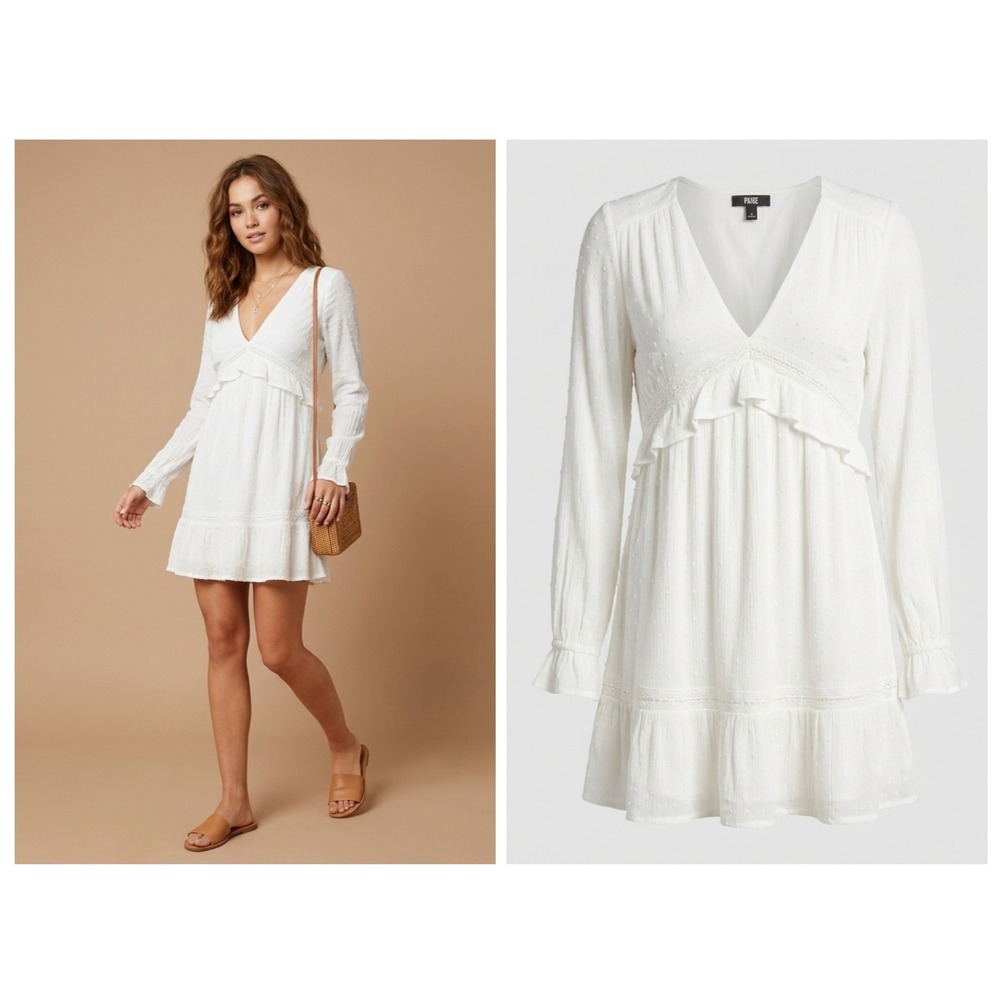 Paige Odelise Dress Women Medium White Swiss Dot Lace Trim Mini Long Sleeve